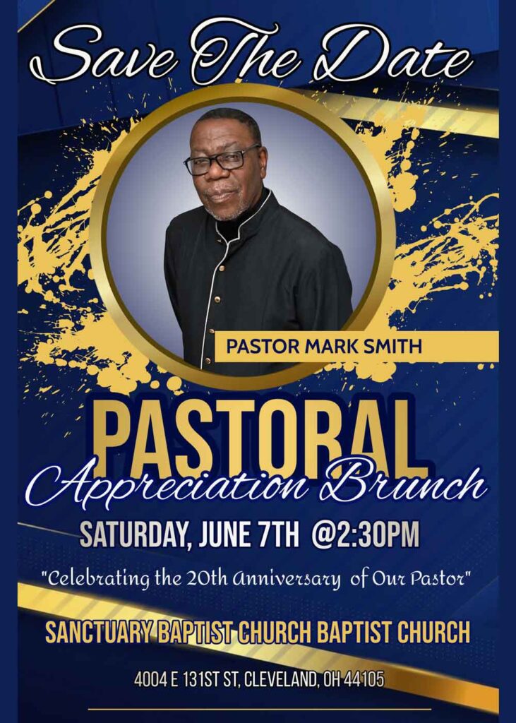 Flyer to save the date for Pastor Mark Smith 20th anniversary